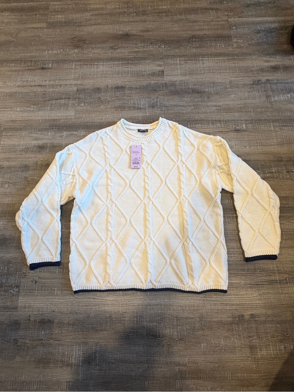 wild fable Cream Cable-Knit Crewneck Sweater with Navy Trim